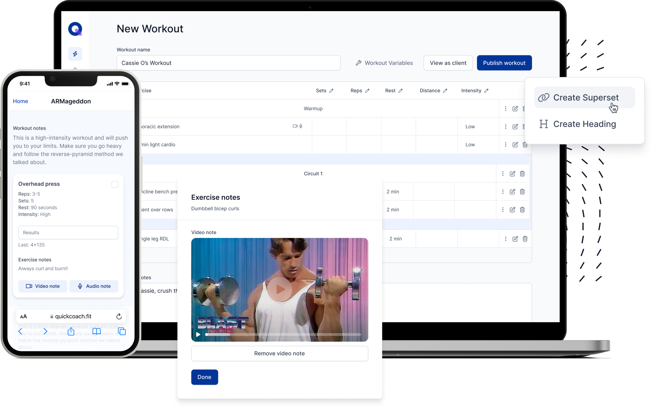 The plan builder interface in the QuickCoach App, where users can seamlessly build training plans for clients in a sleek format.